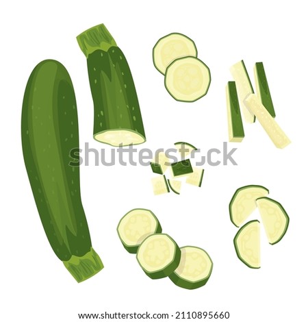 Zucchini set. Whole vegetable, cut, single and group. Flying slices.Vector illustrations isolated on white background.