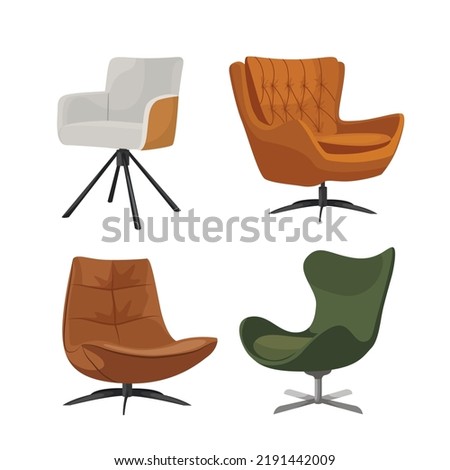 Armchairs set, compy sofa and office chair. Different types of sitting places. Modern design, simple doodle vector illustration