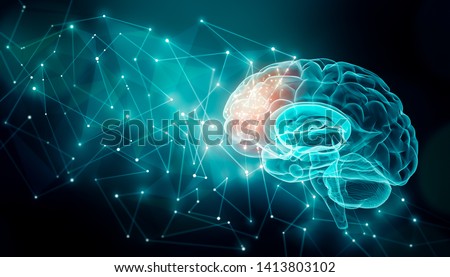 Human brain activity with plexus lines.. External cerebral connections in the frontal lobe. Communication, psychology, artificial intelligence or AI,  cognition concepts illustration with copy space ストックフォト © 