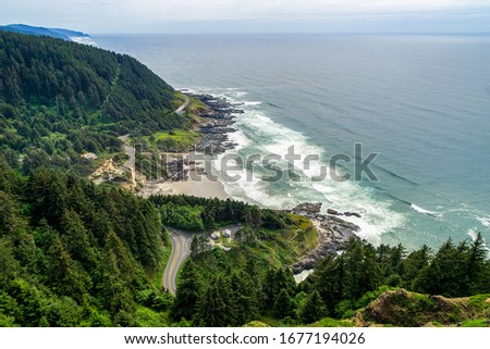 Cape Perpetua Scenic Overlook. Aerial view of the Cape Perpetua coastline from the Devils Churn to the Cooks Chasm, Yachats, Oregon coast, USA. Foto d'archivio © 