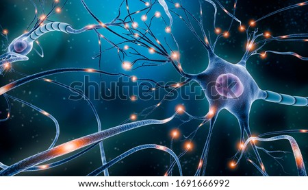 Neuronal network with electrical activity of neuron cells 3D rendering illustration. Neuroscience, neurology, nervous system and impulse, brain activity, microbiology concepts. Artist vision.