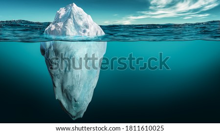 Iceberg with its visible tip and underwater or submerged part floating in the ocean. 3D rendering illustration.
