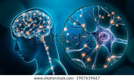 Human brain stimulation or activity with neuron close-up 3D rendering illustration. Neurology, cognition, neuronal network, psychology, neuroscience scientific concepts.