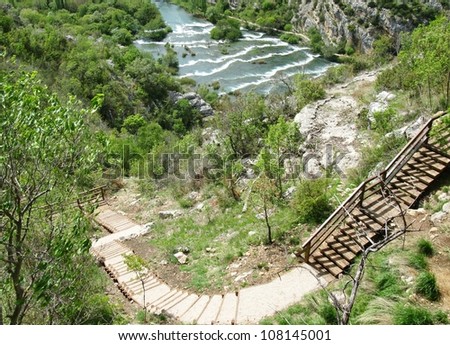 A wooden staircase to an observation point in the Krka national park in Croatia