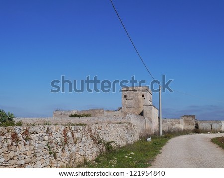 The remains of a historical stone built farm in Apulia in Italy called a masseria