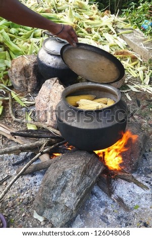A cook pot with Indian corn on a fire place