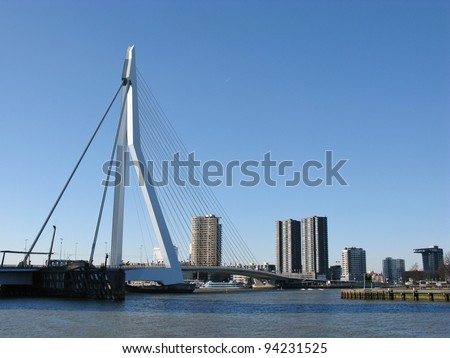 The Erasmus bridge and skyscrapers along the river Meuse in Rotterdam in the Netherlands