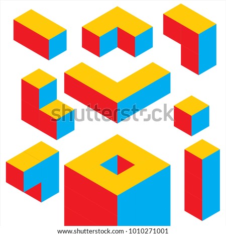 3 color Geometric 3D object optical illusion. Vector illustration, 3D cube idea, google, cloud , 3d puzzle