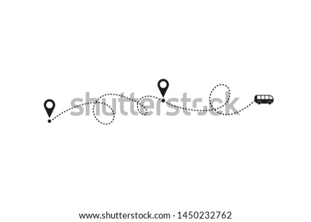 Tourism and travel concept. Bus line path on white background. Vector icon of bus route with dash line trace, start point and transfer point. Vector illustration