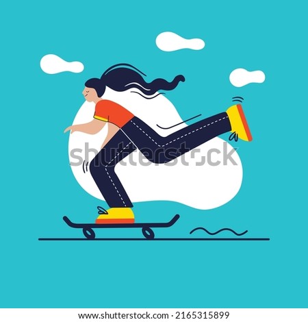Young happy woman with long hair on the skateboard. City sports outdoor activity. Flat colourful vector illustration in hand drawn style.