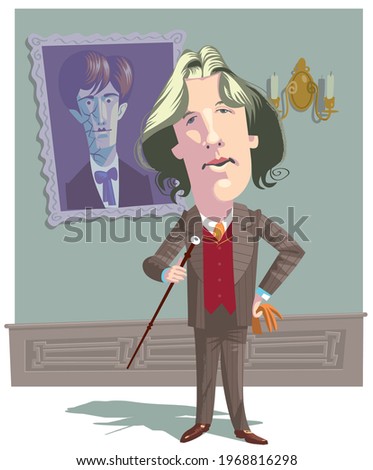 Illustration, caricature of the writer Oscar Wilde in the interior, against the background of the portrait of Dorian Gray.
