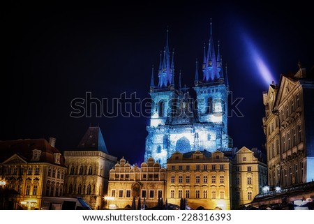 Night view of The gothic  Church of Mother of God in front of Tyn in Old Town Square in Prague