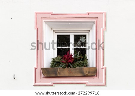 Squared glass window with pink frame and simple border with plant and flower pot