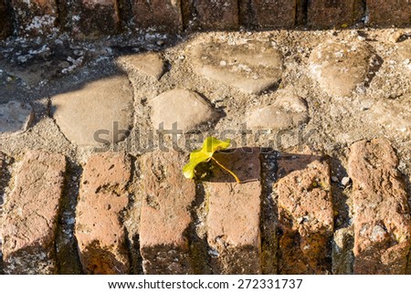 fallen yellow leave on ruined bricks and rounded stones of old stairs in ancient fortress in Northern Italy