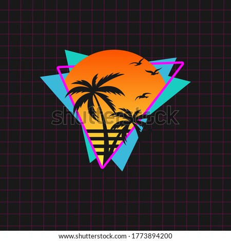 Retro 80's Vector Illustration for T-shirt with Palms and Sunset