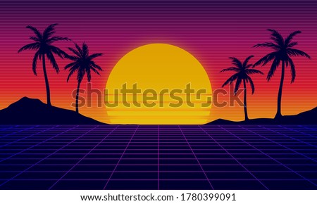 Landscape skyline with neon light grid, sun and palm trees. Sci-fi, futuristic illustration. Retrowave, synthwave or vaporwave 80's