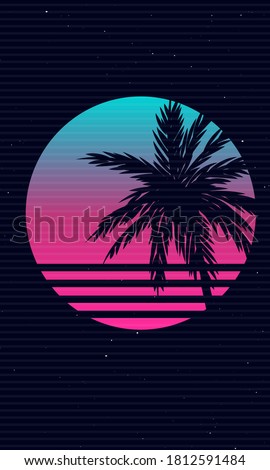 New etro Wave Artwork with Palm Tree, Sunset and Stars