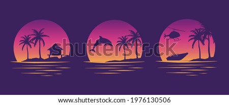 Beaches, dolphins and boats. Miami California Hawaii design. Old school tattoo vector art. Red Sunsets with silhouettes . Vector Graphics for apparel t-shirt