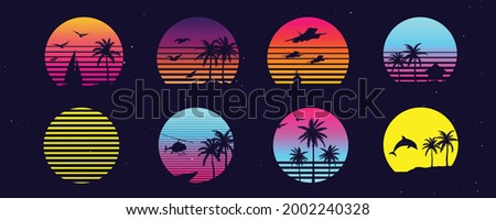 Futuristic neon retrowave collection. Retro sunset landscape sets with set of outrun vector elements illustration template