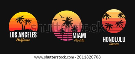 Tshirt prints, apparel layouts, clothing templates in 80's retro vintage style with palms, sunset and birds, symbols of Los Angeles, Miami and Honolulu