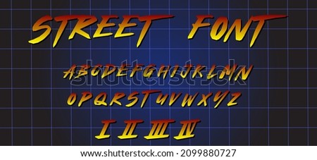 Arcade gaming retrowave font.Gradient letters and numbers on space, grid background. Sci-fi alphabet in retro 80's style. Synth Wave ABC.