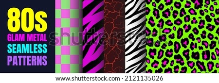 80's Glam Rock Metal Collection of seamless patterns | Set of abstract vivid vector graphics in retro vintage style for apparel and textiles. Zebra, tiger, leopard, chess, soil earth