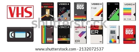 Vector collection set of vector cassette tapes old 80's style graphics. Blockbuster videos. VHS effect. 80's and 90's style. Retro vintage covers. Easy to edit design templates Сток-фото © 