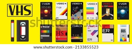 VHS Casette Vector Graphic and Collection of Video Covers. Abstract Blank Tape Cases. Ready templates for stickers, flyers, posters. Movies from 80s and 90's. Synthwave vibes. Retro technology.