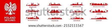 Collection of polish skylines, big bundle of cities in Poland, eastern Europe, Szczecin, Krakow, Wroclaw, Lublin, Olsztyn, Warsaw, Bydgoszcz, Poznan, Gdansk, Lodz, Sopot, Bialystok