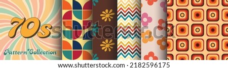 Collection of Seamless Patterns in 70's style, Boogie decade, retro graphics, vintage set of fabrics for apparel, fashion designs