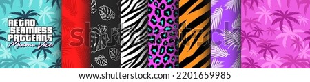 Miami Vice Retro Seamless Patterns. Graphic collection for hawaiian shirts, apparel, textiles, backgrounds and print projects. Palm leaves, monstera, tiger, zebra texture. Summer vibes.