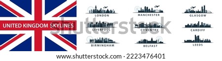 UK Cities Collection, skylines set in vector sihouettes, english destinations like London, Leeds, Coventry, Birmingham, Liverpool, , Belfast, Cardiff, Glasgow