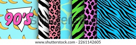 90's Style Collection of Seamless Patterns. Set of retro graphics for apparel and textiles inspired by music and television in 1990. Fashion designs pack. Grunge, animals, wild life, bananas.