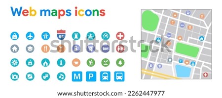 Web Maps Icons Collection. Set of highlights on map in internet. Vector illustration with symbols of main points in the city. Modern trendy design. Pinpoints on display.