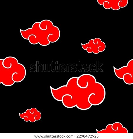 Japanese Clouds Seamless Pattern inspired by Anime and Manga. Vector graphic with red elements on black background. Asian style design for textile, apparel, clothing, background.