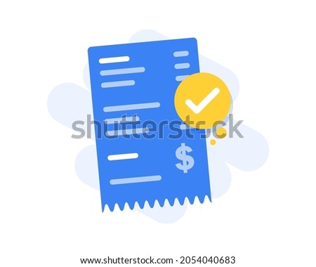 Success approved payment check mark notification on paper receipt bill invoice vector flat cartoon icon