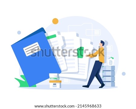 Office worker holding giant folder for storing papers. Modern concept of file management system, online document storage service
