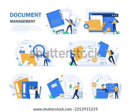 Monitor display with yellow folders, documents and media content. Office clerks or employees searching and indexing files. File manager, data storage