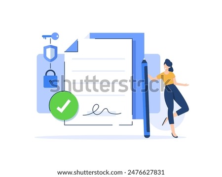 E-signature. Woman signing a legal document. Businesswoman signing online contract with digital signature. Verifying the authenticity of digital message or document