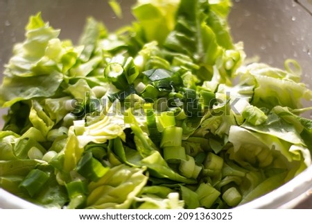 Green salat in a bowl on desk. fresh lettuce leaves and green onion. chopped salad Imagine de stoc © 