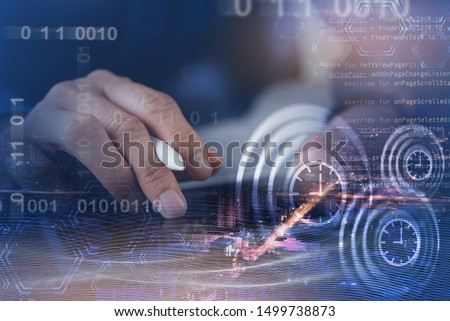 Agile scrum software technology development, IoT digital transformation. Double exposure,  coding software developer using laptop, smart city with binary computer code, big data, network connection Foto stock © 