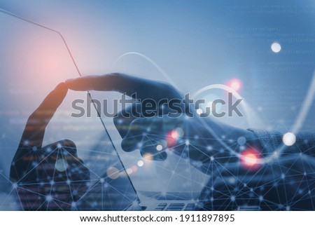 Internet network technology, IoT, digital software development, computer code, modern tech concept. Internet network with wireless connection, cloud computing, computer script on laptop