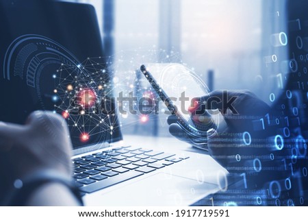 Digital software development, 4.0 technology, Data transfer, Big data, Internet of Things IoT concept. Man, programmer, software engineer using mobile smartphone with computer code