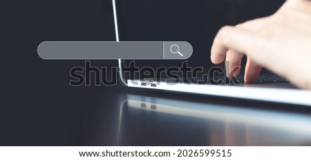 SEO search engine optimization banner web icon for business and marketing, traffic, ranking, link and keyword. Minimal style. Woman hand typing on laptop computer keyboard Stock foto © 