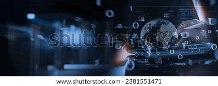 Similar – Image, Stock Photo Global database and artificial intelligence.Abstract concept of big data or cyber security technology and connection. Information transfer, Minimal background. 3D Render