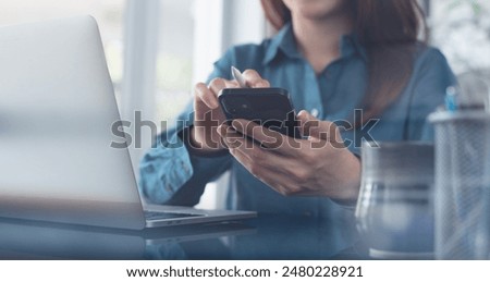 Similar – Image, Stock Photo Woman browsing laptop during online shopping at home