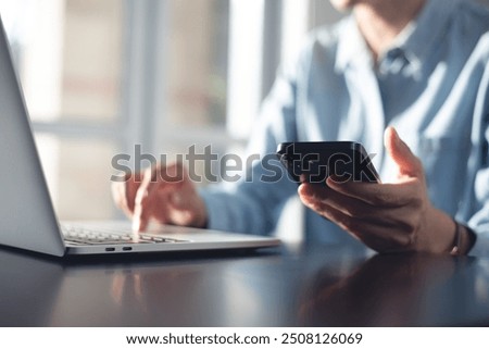 Similar – Image, Stock Photo woman using mobile phone, listening to music on headset. walking by the city with cotton bag with fruit. Eco friendly, zero waste concept