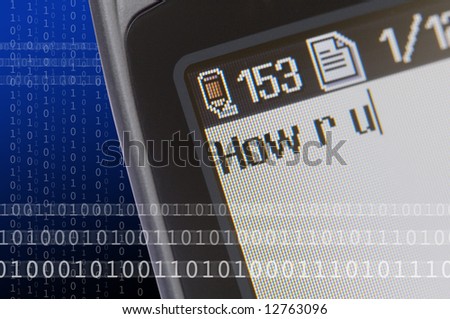 Closeup of a mobile phone text message in progress with binary code graphic background.