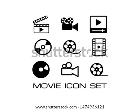 Set of Movie Icon and Sign. Consist of Clapperboard, Movie Camera, Compact Disc, Film Roll and More. Simple and Trendy Isolated on White Background.- Vector