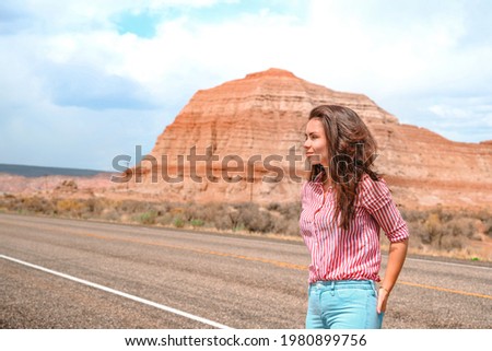 Similar – Image, Stock Photo woman standing in a Small river and waterfall flowing in green dark beautiful forest.